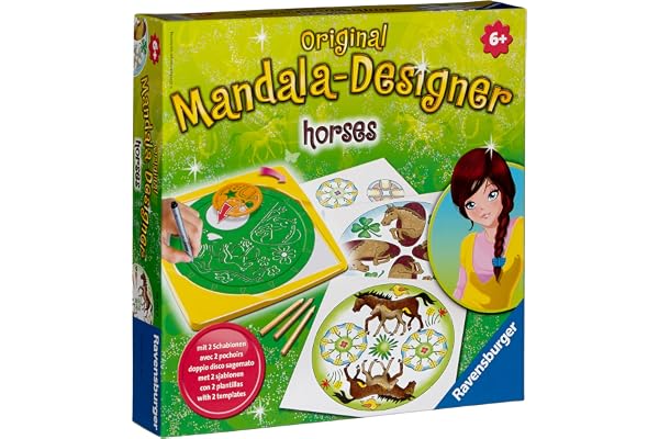 Ravensburger – Mandala Designer – Dessin – Loisir créatif – Pochoirs – Crayons de couleur inclus – Horses – Activité créative – Enfant – Dès 6 ans – 29742 – Version française