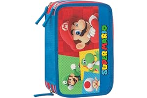 Franco Cosimo Panini SUPER MARIO - Astuccio Scuola Ufficiale Super Mario, Astuccio 3 Scomparti Bambino e Bambina con Set Cancelleria, Penna Cancellabile Blu e Pratica Chiusura a Zip, 20x13Hx7 cm