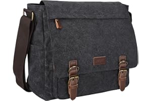 S-ZONE Męska torba listonoszka, crossbody na ramię, 14-17,3 cala, laptop, vintage, płócienna, aktówka, tornister, do pracy, szkoły, podróży, codziennego użytku, wiele kieszeni