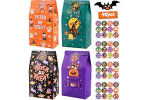 AWCIGG 40 Pezzi Sacchetti Carta Halloween Sacchetto Halloween Bambini Sacchettini Regalo Halloween Piccole Bustine per Caramelle Dolcetti Halloween Regalini Regali Fine Festa con 48 Adesivi