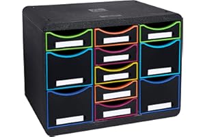 Exacompta - Réf. 313914D - STORE-BOX multi - 1 Caisson 7 tiroirs fins et 4 tiroirs hauts - Dimensions extérieures : Profondeur 27 x largeur 35,5 x Hauteur 27,1 cm - Format paysage - Noir/arlequin