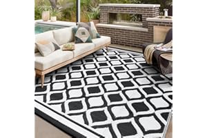 VK·LIVING Large Outdoor Garden Rug Waterproof 180X270cm Reversible Patios Carpet Lightweight Plastic Floor Mat Portable Foldable Area Patio Rugs for Balcony Camping Yard RV Beach Black&White