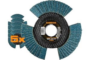 RHODIUS VISION PRO, 5 Stück Ø 125 mm K40 Fächerscheiben durchsichtig, Made in Germany, Metall Edelstahl Stahl INOX, für Winkelschleifer, Schleifscheibe, Fächerschleifscheibe