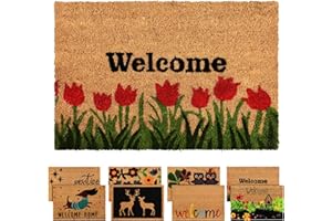 ZENQA Coir Door Mats Outdoor Indoor | Front Door Heavy Duty Doormat Thick Non Slip High Absorbency | Large 100% Natural Coir Dirt Trapper | Entrance Matting (Welcome Roses)