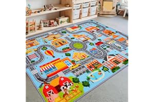 DINSUMRUG Kids Carpet Playmat Rug, Car Play Mat Carpet, Extra Non-Slip Traffic Road Rug for Kids, City Map Educational Car Mat for Playroom Boys Bedroom Classroom (150X100 CM, Blue Sky)