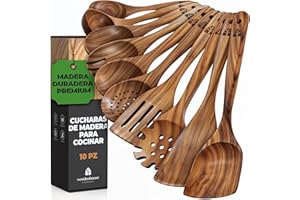 WOODENHOUSE LIFELONG QUALITY Utensilios de Cocina Madera 10 Pzas para Cocinar - Set de Espátulas y Cucharones de Cocina - Madera de Teca, Antiarañazos. Accesorios Cocina con Agarre Cómodo para Sartenes Antiadherentes