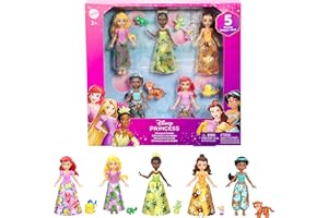 Mattel Disney Princess & Friends 5-pack små dockor | 5 små poserbara dockor med avtagbara kjolar eller byxor och 5 vänfigurer, inspirerade av Disney-filmer, JBL33
