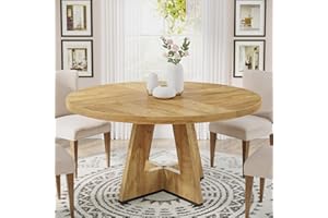 Tribesigns Round Dining Table Wood Kitchen Table for Dining Room, 47" Dinning Room Tables for 4 Adult, Farmhouse Dinner Table with Wooden Tabletop and Cross Base, Light Wood