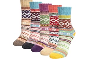 Justay 5 par skarpet z wełny merynosów, damskie, pogrubione, termiczne, dziewiarskie, damskie skarpety do wędrówek, wędrówek z plecakiem, wspinaczki, na zimę (zielony, różowy, czerwony)