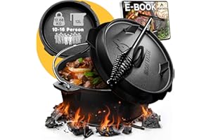 ‎IRON TASTE IRON TASTE Dutch Oven Set 12L - Eingebrannter Dutch Oven 12 Liter - Feuertopf Gusseiserner Topf mit praktischem Deckelheber & Edelstahl Untersetzer [für 10-16 Personen]
