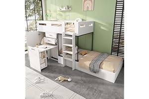 Ymkua Bunk Bed 90 x 200 cm with Storage Space, Double Bed with Slatted Frame, Bunk Bed with Desk and Wardrobe, Teenager's Bed with Drawers, Shelves and Ladder, White, Without Mattress