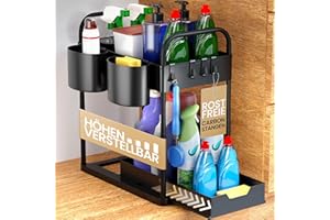 HELDENWERK Estantería para debajo del lavabo para armario bajo el fregadero, altura regulable con 2 niveles en negro, organizador de cocina, armario bajo especias, organizador para debajo del lavabo