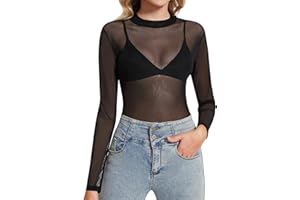 Kiiwah Damskie topy z długim rękawem z wysokiej przezroczystej siateczki czarne