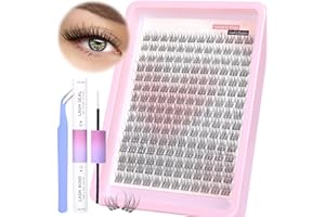 PHKERATA Wispy Lash Extension Kit 180Pcs Natural Cluster Lashes DIY Eyelash Extension Kit Fluffy C Curl Individual Lashes with Lash Bond and Seal and Lash Tweezers Lashes Individual Cluster, 9-12MM