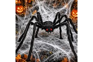 Halloween Deko Utomhus, 200 cm Läskig Stor Spindel Dekoset | Halloween Deko Trädgård: Jättespindel med 60g Spindelnät & 10 Mi