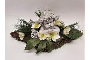 HIKO-EVENTDEKO Grabgesteck Nr.13 Raute aus Moos und Weide mit Engel und Christrosen Totensonntag, Allerheiligen, Grabschmuck, Gedenktag, Trauertage, Gesteck 45 x 23 x 17 cm