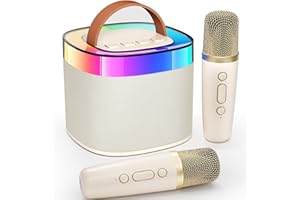 ANKUKA 𝙞𝙙𝙚́𝙚 𝙙𝙚 𝙘𝙖𝙙𝙚𝙖𝙪 Machine de karaoké Portable Bluetooth avec 2 Microphones, micros et lumières LED de fête, Cadeaux pour Amis, Beige