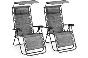 VonHaus Zero Gravity Chairs with Canopy Set of 2 - Grey Reclining Sun Loungers for Garden - Textilene Folding Sunloungers with Adjustable Sun Shade - 2 Set Deck Chairs for Outdoor, Patio & Decking
