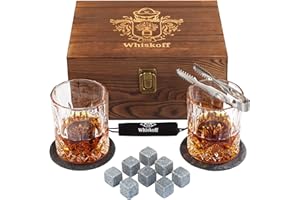 W WHISKOFF Whiskyglas 2er Set - Bourbon Whiskey Steine Geschenkset - Rocks Whisky Kühlsteine - Scotch Gläser Geschenk in Holzbox - Wisky Stones Set - Burbon Geschenke für Männer Papa zum Geburtstag Vatertag