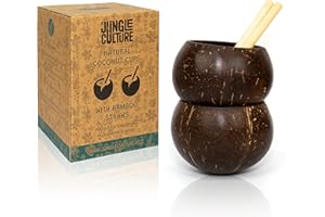 Jungle Culture® Copas de concha de coco real para cócteles y batidos • Tazones de coco pequeños con pajitas de bambú • Tazas de madera natural • Tazas de cero desperdicios • Vasos beber para fiesta