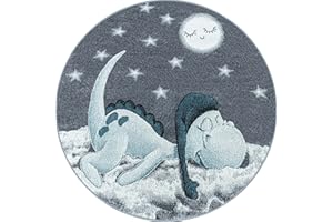 ‎CARPETSALE24 Carpetsale24 Kinderteppich süßes Dinosaurier Muster Blau und Grau 160 cm Rund - Kurzflor Teppich Kinderzimmer Babyzimmer für Mädchen und Junge Extra Weich Pflegeleicht Spielteppich Babyteppich Runder