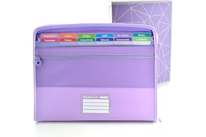 Office Box - Pack Vuelta al Cole: Carpeta Clasificadora VISION 12 Divisiones y estuche frontal + 80 Adhesivos Cierre de Cremallera + Carpeta 4 Anillas 40 mm -Colorline (Morado + Carpeta Anillas)