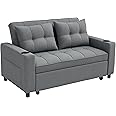 HOMCOM 2 Seater Sofa Bed, Convertible Pull Out Sofa Bed with Adjustable Backrest, Cup Holders and Pillows, Click Clack Settee for Living Room, Bedroom, Guest Room, Charcoal Grey