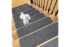 Fixmend Stair Treads Non Slip for Wooden Steps, 20.3 x 76 cm (15-Pack) Stair Runner Carpet Treads Indoor with Reusable Adhesive, Stair Carpets Rugs Safety Mats for Elders, Kids & Dogs, Dark Grey Leaf