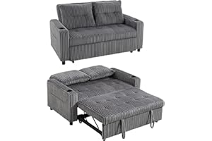 HOMCOM 2 Seater Sofa Bed, Corduroy Click Clack Sleeper Sofa with Pull Out Design, 2 Pillows, Cup Holders, Side Pockets, Convertible Loveseat Bed Settee for Living Room, 157x190cm, Charcoal Grey