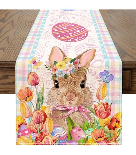 Nappe De Pâques Lapin Fleurs - Chemin De Table 40x180cm Lin Vintage - Lavable Machine - Décoration Printanière