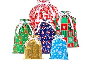 HCSSZ 36pcs Christmas drawstring bags for gift xmas foil pull string tie wrapping bags goodie bags holiday bags large small different sizes multipack