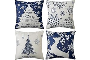 CAROMIO Świąteczne poszewki na poduszki, zestaw 4 dekoracyjnych poszewek na poduszki, wiejski, Boże Narodzenie, dekoracje świąteczne, na sofę, do sypialni, 45 x 45 cm, niebieskie