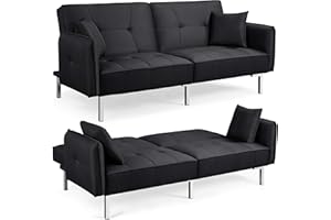 ‎YAHEETECH Yaheetech Klappbares Schlafsofa Bettsofa aus Leinenstoff Tagessofa mit 2 Kissen, Sofa Couch mit Bettfunktion Liegefläche 177 cm L × 110 cm B fürs Wohnzimmer/Schlafzimmer/Gästezimmer Hellgrau