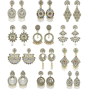 kreyam\'s Earrings for women Chandbali Pearl Jhumka Traditional Combo Set of 12 Pack Fancy Jhumki fashion imitation jewellery