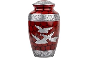 INTAJ Royal Silver Cremation Urn for Human Ashes - Adult Funeral Urn Handcrafted - Affordable Urn for Ashes - Large Urn Deal (Classic Royal Wings RED, Adult)