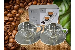 E.I.I. Set Tazzine a Doppia Parete, in Vetro Borosilicato, Isolamento Termico Caldo e Freddo, 80 ML, con Piattini (4 Pezzi, 2 tazzine 2 piattini) a forma di cuore, regalo San Valentino