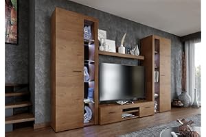Furnix Wohnwand RIVAY XL Mediawand Holz Wohnzimmer 4-TLG Komplett-Set mit LED - TV Lowboard, Highboard Vitrine, Wandregal - Modern Freistehend - B 300 x H 190 x T 40,2 cm, Farbe Lefkas Eiche