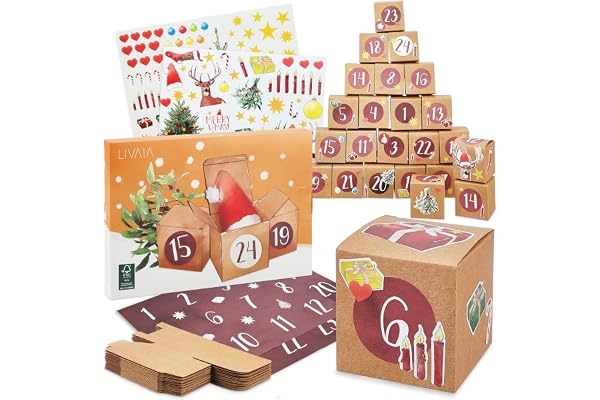 LIVAIA Calendrier de l'Avent à remplir soi-même: Calendrier de l'Avent à faire soi-même comprenant 24 boites en carton et autocollants de Noël - Calendrier de l'Avent pour le bricolage par LIVAIA