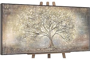 YS - Art XXL Abstract Acrylic Painting on Canvas Gold Tree Hand-Painted Wall Pictures Living Room Children's Room Office Modern Design Pictures Fengshu Real Art with Frame 200 x 100 cm