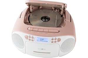 Reflexion RCR2260 CD Player with Cassette and Radio for Mains and Battery Operation (PLL FM Radio, LCD Display, AUX Input, Headphone Jack), White/Pink