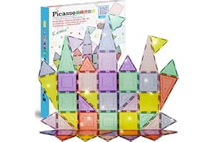 PicassoTiles 48 Piece Magnetic Blocks Magnet Tiles Magnets Building Blocks Construction Toy Set with Reflective Leaf Flakes Magnetic Building Tiles Toys STEM Learning Kit Stacking Block Playset PTJ48
