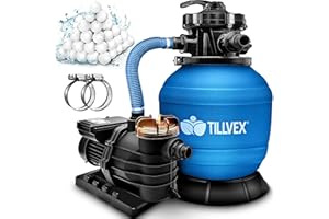 tillvex Système de Filtre à Sable 10m³/h + 800g Boules de filtre – 7 Fonctions de Filtration | Filtre de Piscine avec indicateur de pression | Filtre à sable pour bassins & piscines