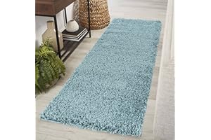 Serdim Rugs Living Room Hallway Runner Shaggy Rugs, Polypropylene, Duck Egg Blue, 60x220cm(2" x7'3)