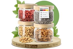 ElbFuchs® Juego de tarros de almacenamiento con tapa de 300 ml (4 piezas) de vidrio de borosilicato, tarros de almacenamiento herméticos, juego de recipientes de vidrio para especias y alimentos