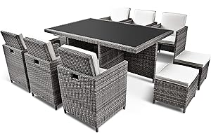 RAGNARÖK-MÖBELDESIGN Ragnarök PolyRattan - DEUTSCHE Marke - EIGENE Produktion - Gartenmöbel Essgruppe Tisch 6 Stuhl 4 Hocker 16 Polster Grau Rostfrei Aluminium Doppelhabrund