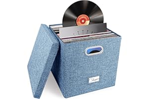 WOODOULOGY Vinyl-Schallplatten-Aufbewahrungsbox für 50+ einzelne LPs (30,5 cm), stapelbare Alben, Leinenkiste mit Deckel, zusammenklappbarer Musiksammlungshalter, Dokumentenmappe, Schrank, Organizer mit Griff