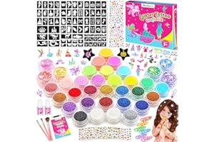 BESDIYART Glitter Tattoos Kit for Kids, Kids Glitter Tattoo Set Incl. Chunky Glitter Gel, Rhinestones, Makeup Glitters, Stencils, Art and Craft Gift for Kids Age 6-12, Birthday Gift for 6 7 8 9 10 Year Old Girl