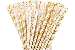 ALINK 100pcs Strohhalm Papier,Gold Trinkhalme Gold Weiß gestreifte Papierstrohhalme Punkt Halme plastikfrei biologisch abbaubare strohhalme cocktail für Hochzeit Geburtstag Party Dekorationen