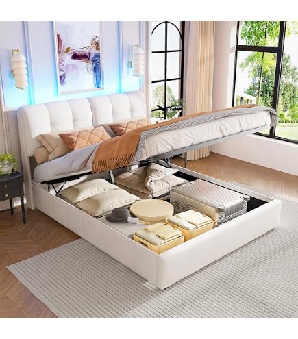 Lit Coffre 160x200 Avec éclairage LED Et Rangements - Tête De Lit Avec Prises USB/Type-C - Sommier Hydraulique - Tissu Lin Gris - 2