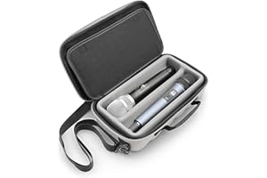 CASEMATIX Zwei kabellose Mikrofonhülle, kompatibel mit kabellosen Mikrofonsystemen, Shure und mehr, Dual-Mikrofon-Tasche mit Schultergurt und Hartschalengehäuse in grauer Außenseite.